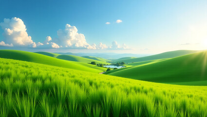 Summer Lush Green Field with Rolling Hills (16:9)