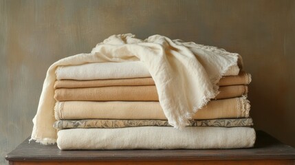 A heavy-weight hemp T-shirt gently draped over a stack of folded natural fiber textiles.
