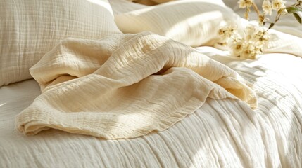 A heavyweight organic cotton T-shirt gently wrinkled on a sunlit linen bedspread, exuding softness and quality.