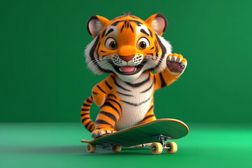 Playful cartoon tiger skateboarding on a green background, showcasing fun and adventure in a vibrant scene
