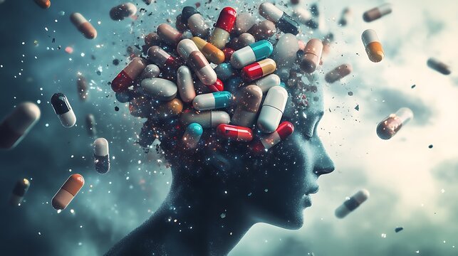 Digital art piece showing a head exploding with pills for symbolizing mental health struggles and medication overload concept.