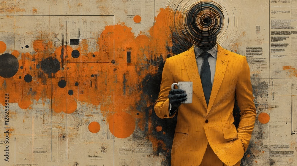 Poster artistic collage of man dressed in a sleek yellow suit holding a coffee mug his face is replaced by 