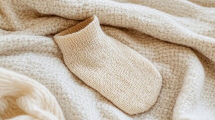A hemp sock draped over a soft woolen throw, blending natural textures in a cozy setting.
