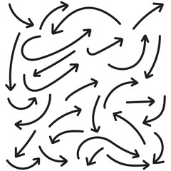 Hand drawn brush vector arrows. Pen hand-drawn arrows set black. Hand drawn arrow vector icons set. Sketch arrow design for business plan and education. Set of arrows black icons. Circle arrows, 