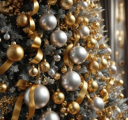 Luxurious silver and gold Christmas tree decoration with ornaments and ribbons , festive decor, premium gifts