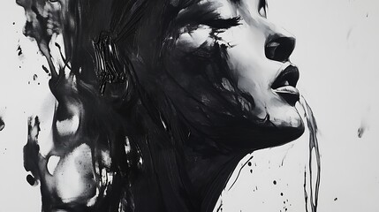 Black and white abstract portrait. The artwork showcases a woman's face, painted with fluid strokes and a dramatic style.