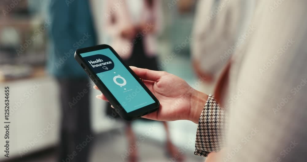 Poster hands, smartphone screen and app in office for health insurance, service and scroll as professional.