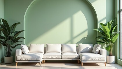 Fototapeta premium Minimalist white sofa in sunlit green living room, modern interior decor inspiration