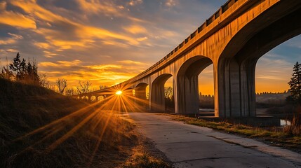 Fototapeta premium Majestic bridge at sunset with sunbeams illuminate the scene For Serene nature Concept.