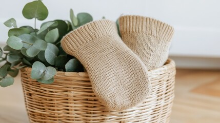Obraz premium A pair of hemp socks draped over a rattan basket filled with fresh eucalyptus leaves.