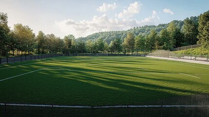Obraz premium Scenic Soccer Field Surrounded by Lush Green Trees and Rolling Hills during a Serene Sunny Day