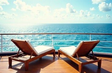 On the deck of a luxury cruise ship sailing in the Caribbean Sea are three lounge chairs with a picturesque views of the ocean.. On the deck of a luxury cruise ship sailing in the Caribbean Sea are three lounge chairs with a picturesque views of the ocean..