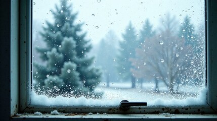 Winter's Gentle Embrace A Snowy Windowpane with Raindrops and a Distant Evergreen Forest