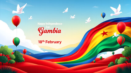 Gambia Independence Day, web banner design. Text Gambia Independence Day, 18 february and Gambian flags on white background.