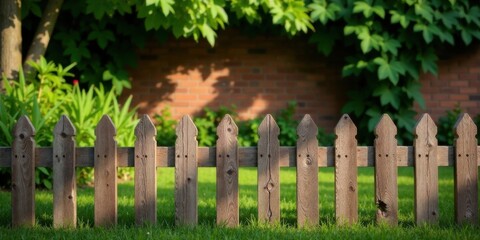 Fototapeta premium Rustic wooden picket fence in a garden setting with lush green foliage and a brick wall backdrop offering a tranquil and peaceful scene