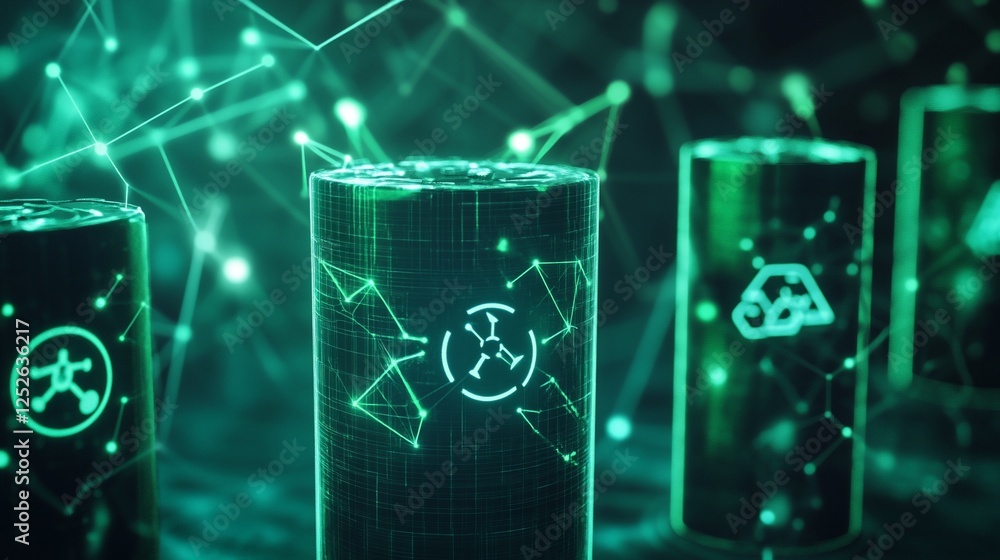 Poster futuristic data storage: secure green cylinders in a network