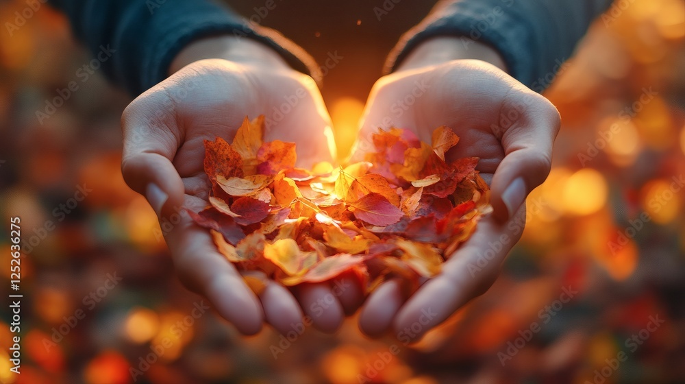 Poster closeup of hands releasing burst of colorful leaves creating a dynamic scene with the warm glow of s