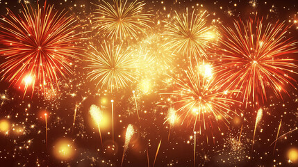 Fototapeta premium Festive fireworks display with red and gold bursts against a dark night sky.