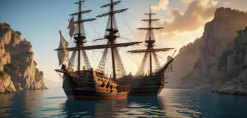 Old sailing ship anchored in Mediterranean harbor , vessel, italian coast