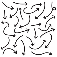 Hand drawn brush vector arrows. Pen hand-drawn arrows set black. Hand drawn arrow vector icons set. Sketch arrow design for business plan and education. Set of arrows black icons. Circle arrows, 