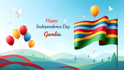 Gambia Independence Day, web banner design. Text Gambia Independence Day, 18 february and Gambian flags on white background.