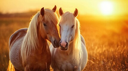 Obraz premium Horses standing together in a pasture during sunset.