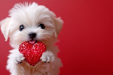 Cute maltese dog with sparkling rhinestones red heart - sign of love, funny greeting card. Ad conceptual art. Maltese - my cherished dog. Pet valentine's day. February 14 inspiration.
