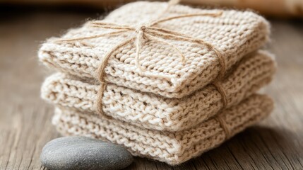 A stack of hemp socks tied together with organic cotton twine, resting on a smooth stone.
