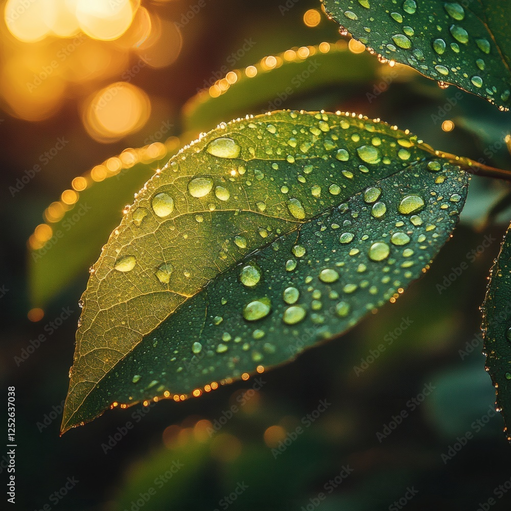 Poster closeup view of leaf with numerous sparkling dew drops sunlight filtering through and creating a bea