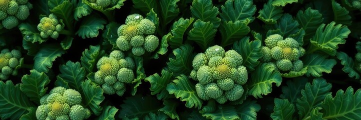 Overhead view of a broccoli crop with individual florets visible and water droplets sparkling on the surface amidst lush green foliage, botanical photography, sustainable agriculture methods
