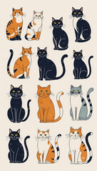 Whimsical Cat Collection: A charming compilation of hand-drawn feline illustrations showcasing diverse coat patterns and playful poses.