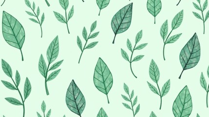 Seamless Pattern of Delicate Green Leaves and Branches on a Pale Background, Ideal for Textile Designs and Decorative Applications