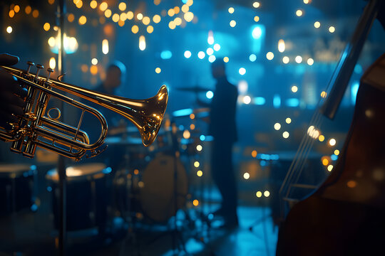 Trumpet player performing in a jazz club with warm lights and a band in the background