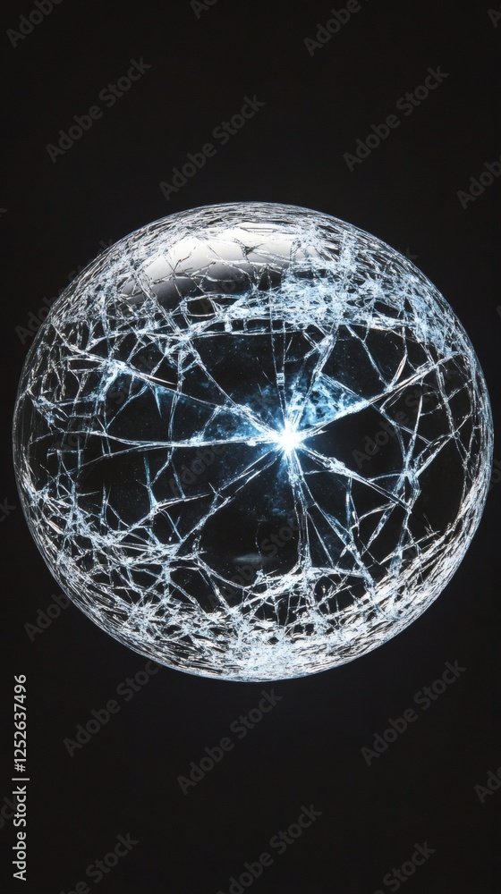Aufkleber cracked glass orb emitting soft glow against a pitchblack background the intricate patterns of the s