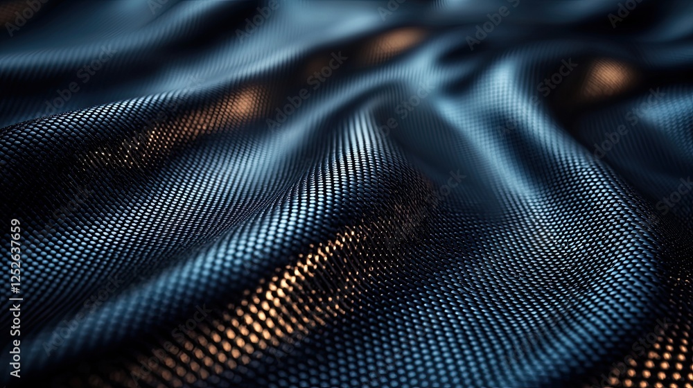 Poster texture of black fabric with intricate patterns illuminated by soft light in a serene setting