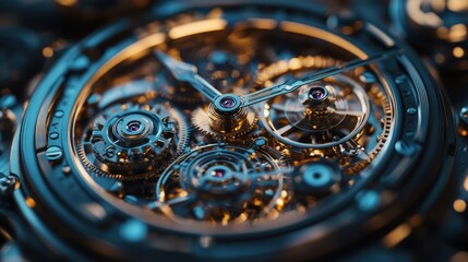 Elegant Close-Up of Intricate Watch Mechanism with Golden Gears and Blue Accents