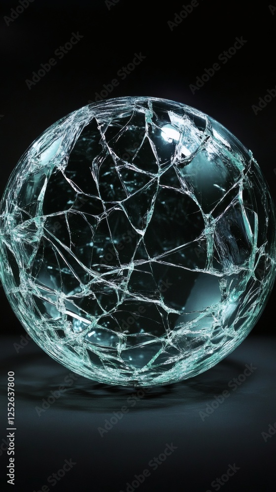 Poster cracked glass orb emitting soft glow against a pitchblack background the intricate patterns of the s