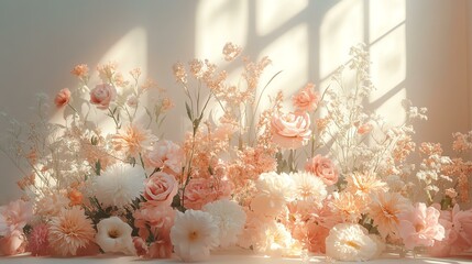soft pastel flower arrangement in natural light – elegant pink and white floral bouquet with sunlight shadow on wall, romantic spring interior concept, delicate wedding decor and minimalist botanical