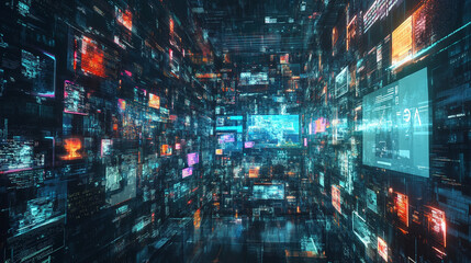 Abstract digital data stream, futuristic technology tunnel.