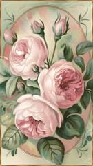 A vintage floral border with delicate pink roses and green leaves.