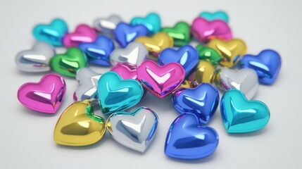 Colorful Glossy Hearts Pile on White Background
