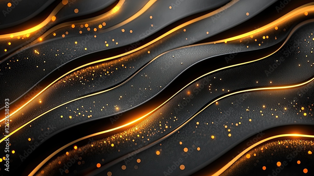 Poster flowing lines of black and gold create a mesmerizing abstract design with shimmering particles in a 