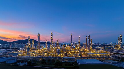 Obraz premium Aerial View Of Illuminated Oil Refinery At Sunset