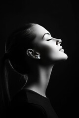 Black and White Profile Portrait of a Serene Woman in Dramatic Lighting © kvladimirv