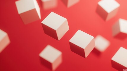 Obraz premium Floating 3D cubes arranged in a complex pattern on a solid red background.