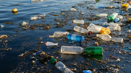 Fototapeta premium Plastic pollution floats on water surface.