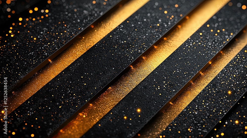 Poster golden sparkles on textured black background create an eye-catching visual display in artistic compo