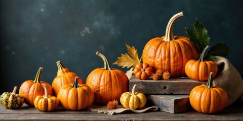 A rustic autumn still life featuring a collection of pumpkins of varying sizes and colors, artfully arranged on wooden crates against a dark background.