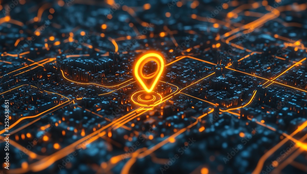 Poster navigating cityscapes: exploring urban networks with glowing location markers in a futuristic settin
