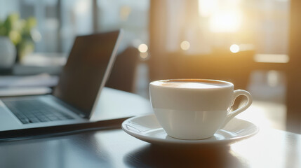 A cup of coffee on the table next to an open laptop, with sunlight streaming through large windows in the blurred background